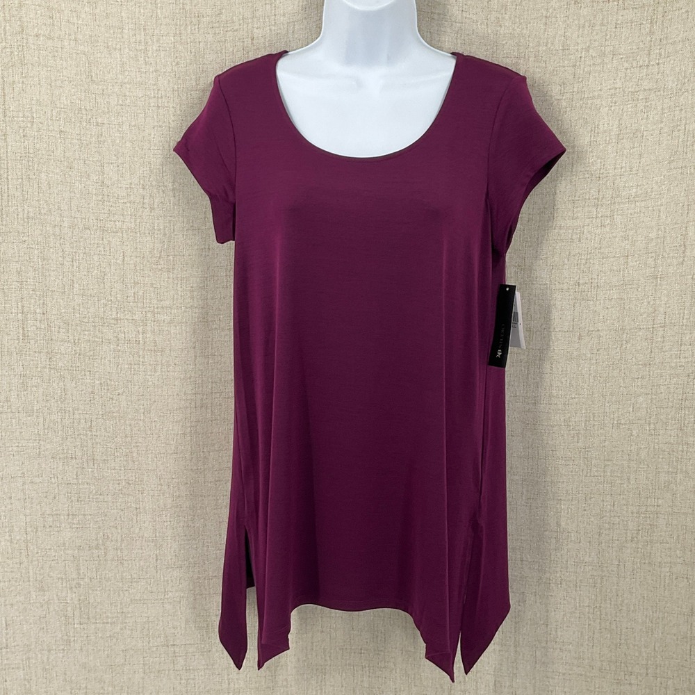 AB Studio Top Womens S Purple Sharkbite Hem Scoop Neck Short Sleeve Classic